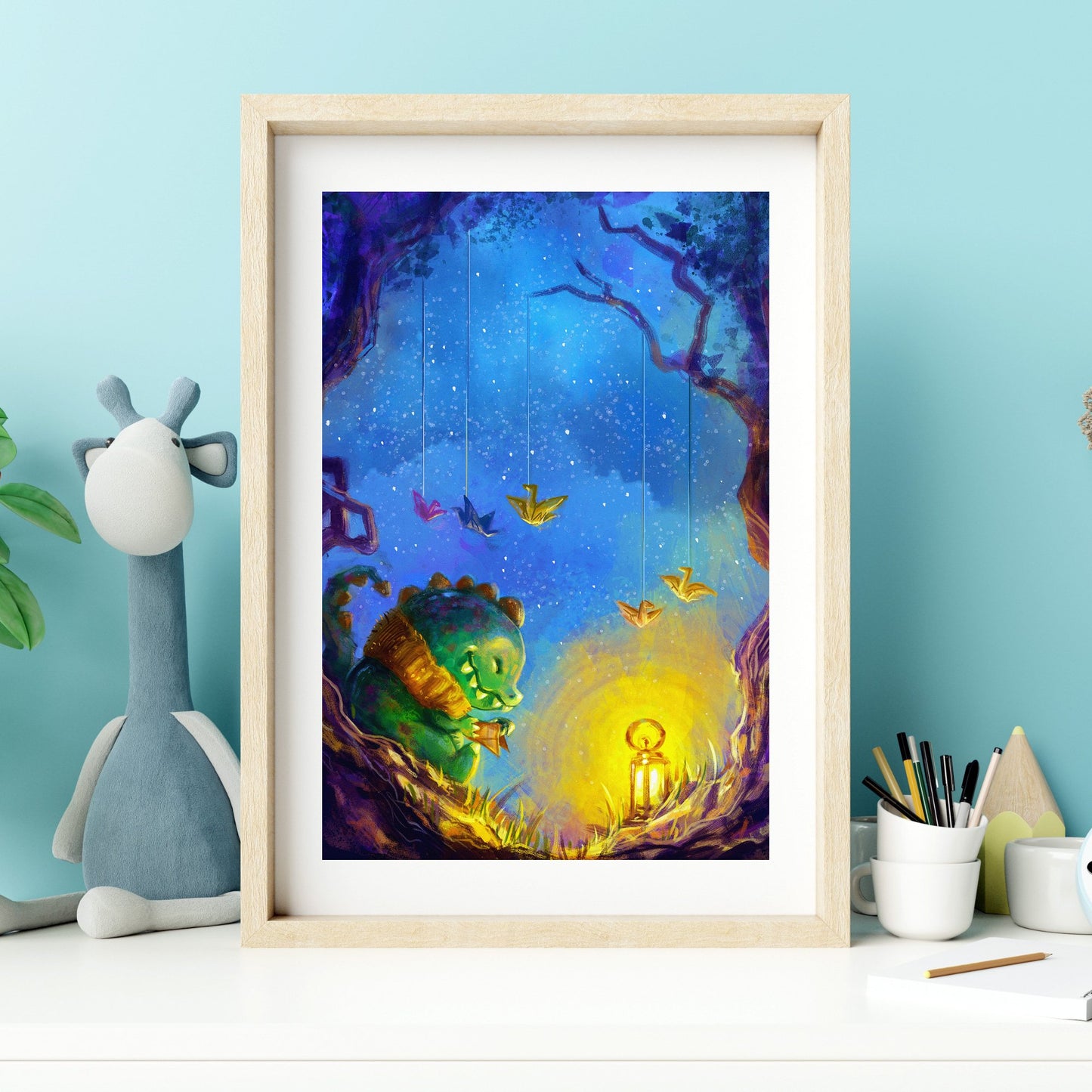 Origami - Kawaii Illustrated Poster Featuring A Cute Baby Dino Under A Starry Night Sky