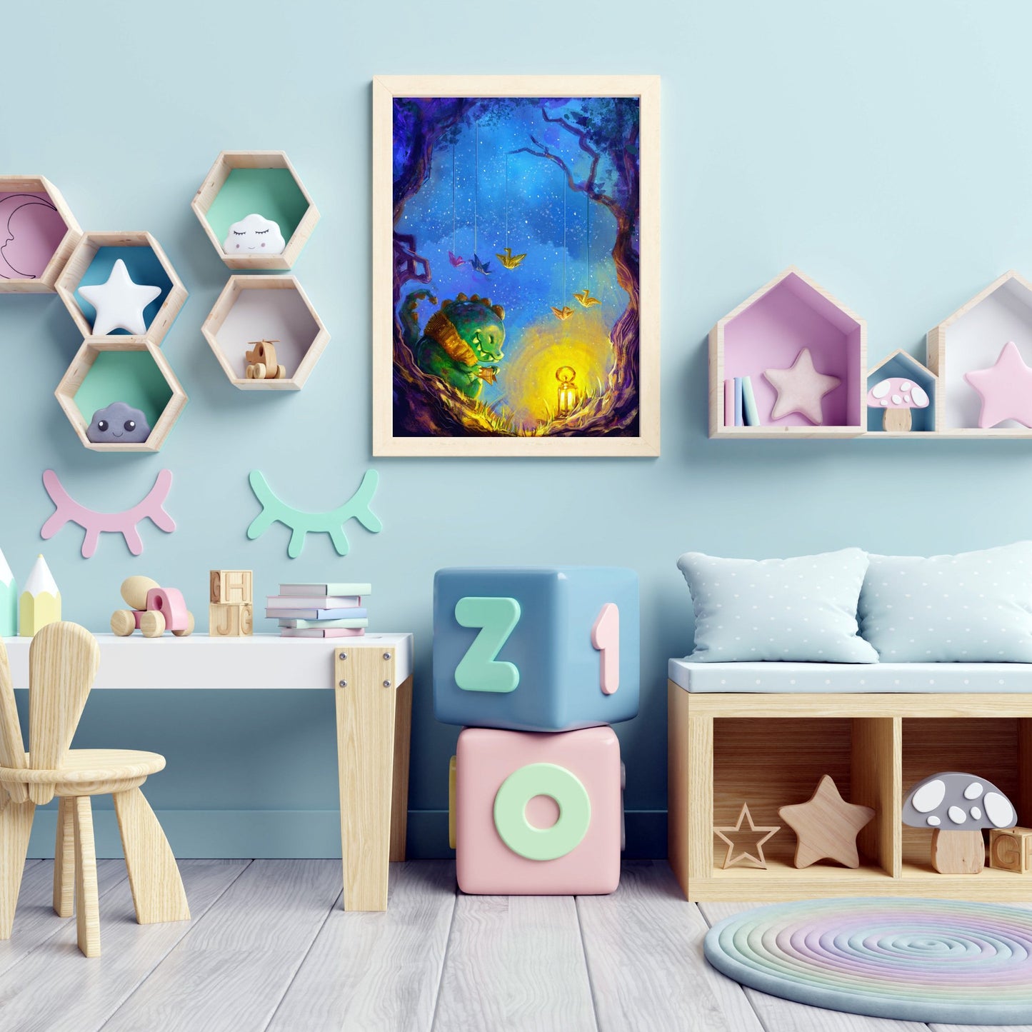 Origami - Kawaii Illustrated Poster Featuring A Cute Baby Dino Under A Starry Night Sky