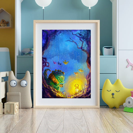 Origami - Kawaii Illustrated Poster Featuring A Cute Baby Dino Under A Starry Night Sky