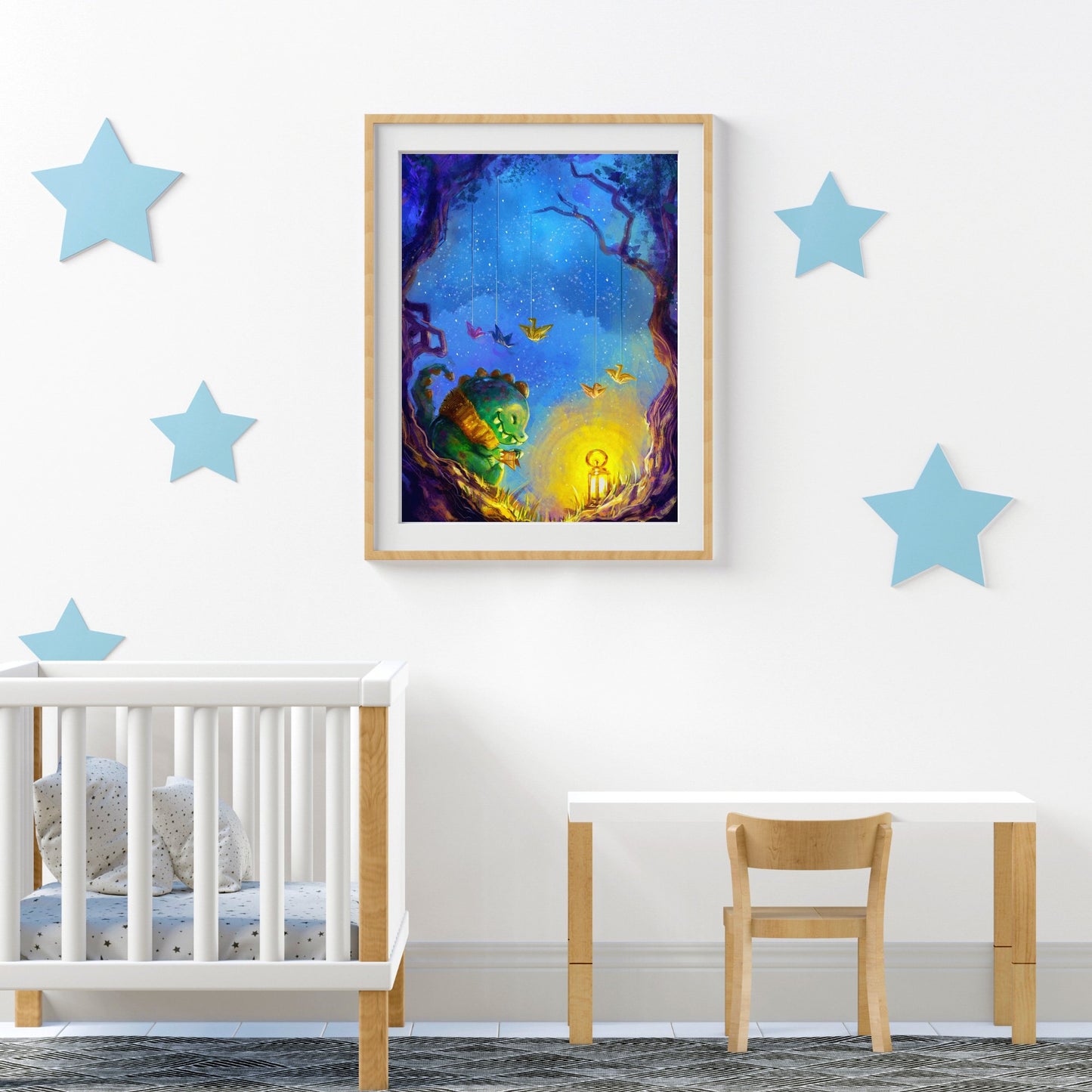 Origami - Kawaii Illustrated Poster Featuring A Cute Baby Dino Under A Starry Night Sky