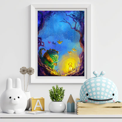 Origami - Kawaii Illustrated Poster Featuring A Cute Baby Dino Under A Starry Night Sky