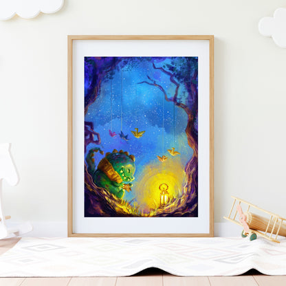 Origami - Kawaii Illustrated Poster Featuring A Cute Baby Dino Under A Starry Night Sky