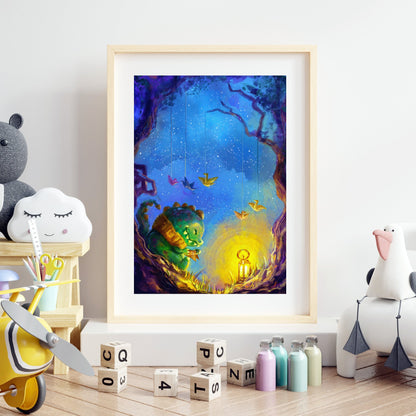 Origami - Kawaii Illustrated Poster Featuring A Cute Baby Dino Under A Starry Night Sky