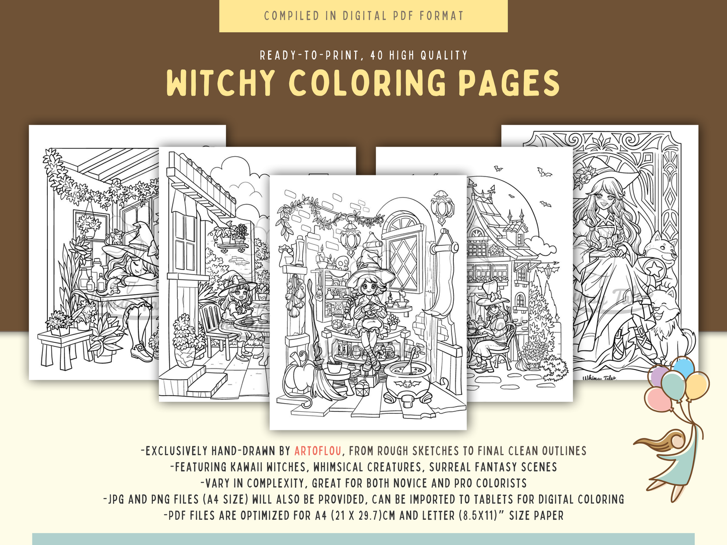 Whimsical Anime Witchy Adult Coloring Book: A Kawaii And Cozy Coloring Pages Digital Download For All Ages