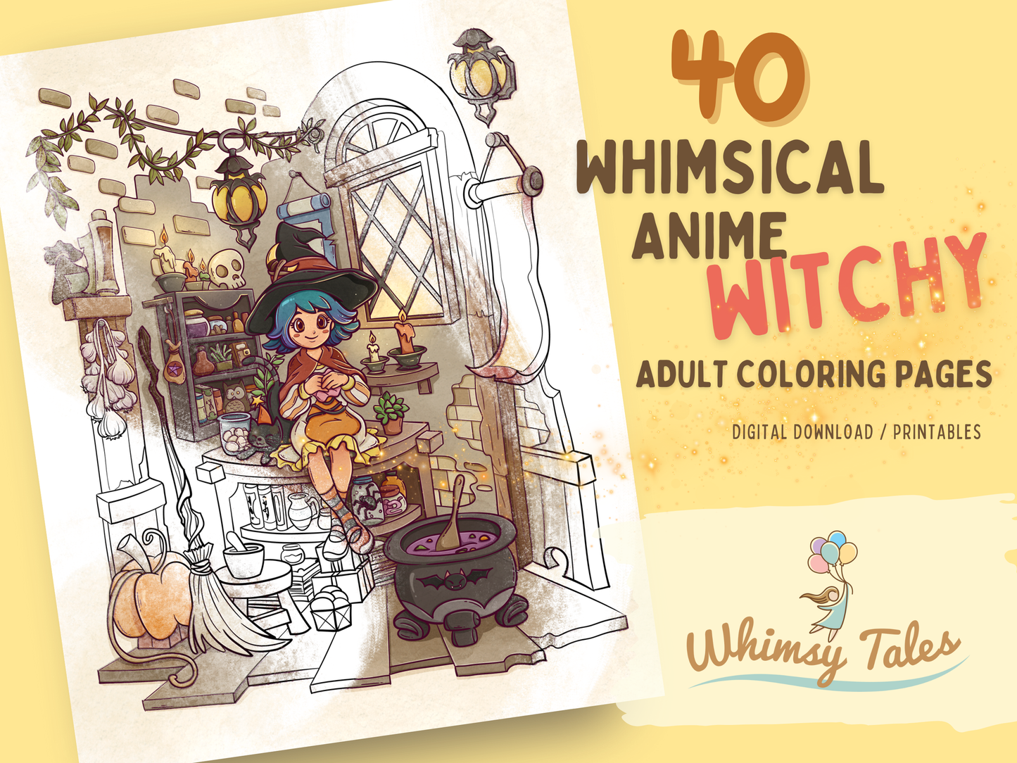 Whimsical Anime Witchy Adult Coloring Book: A Kawaii And Cozy Coloring Pages Digital Download For All Ages